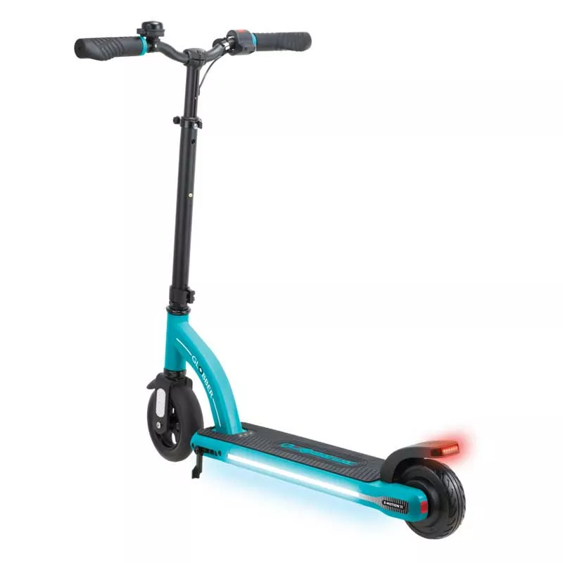 Electric scooter with glowing platform GLOBBER E-MOTION 11 for children over 8 years old - blue-green