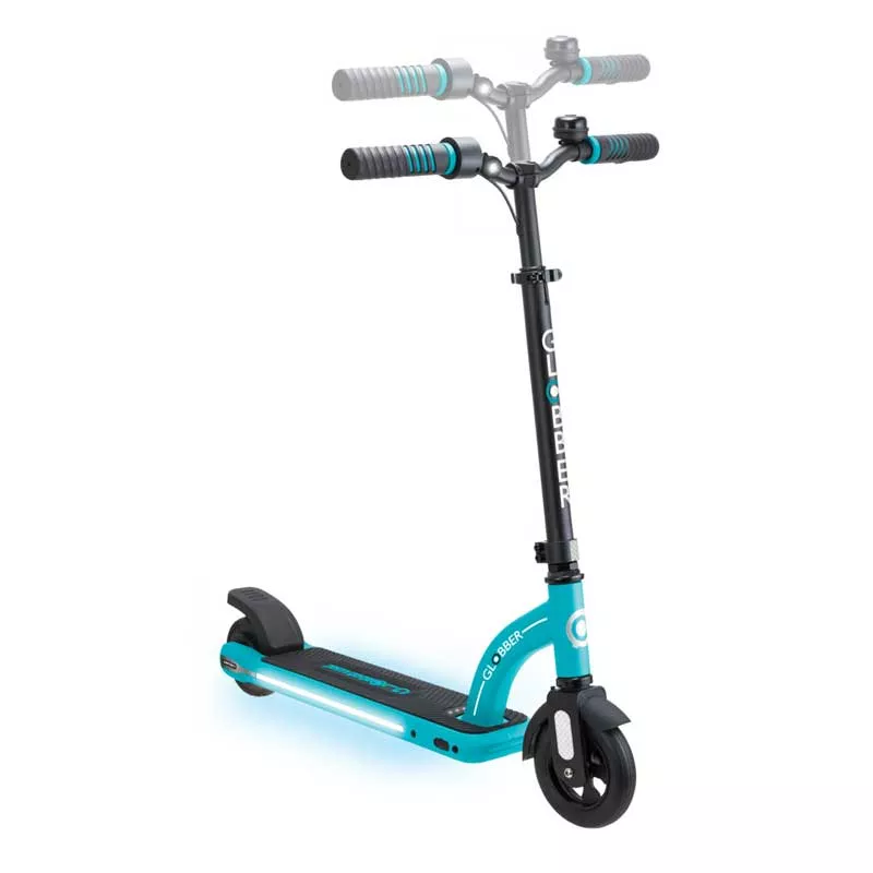 Electric scooter with glowing platform GLOBBER E-MOTION 11 for children over 8 years old - blue-green