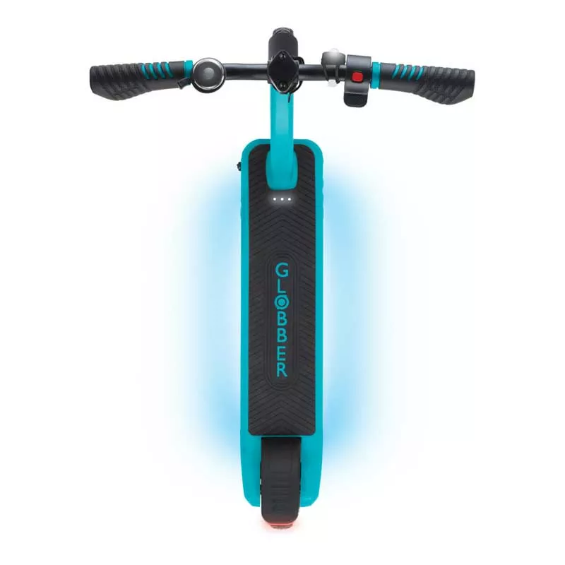 Electric scooter with glowing platform GLOBBER E-MOTION 11 for children over 8 years old - blue-green