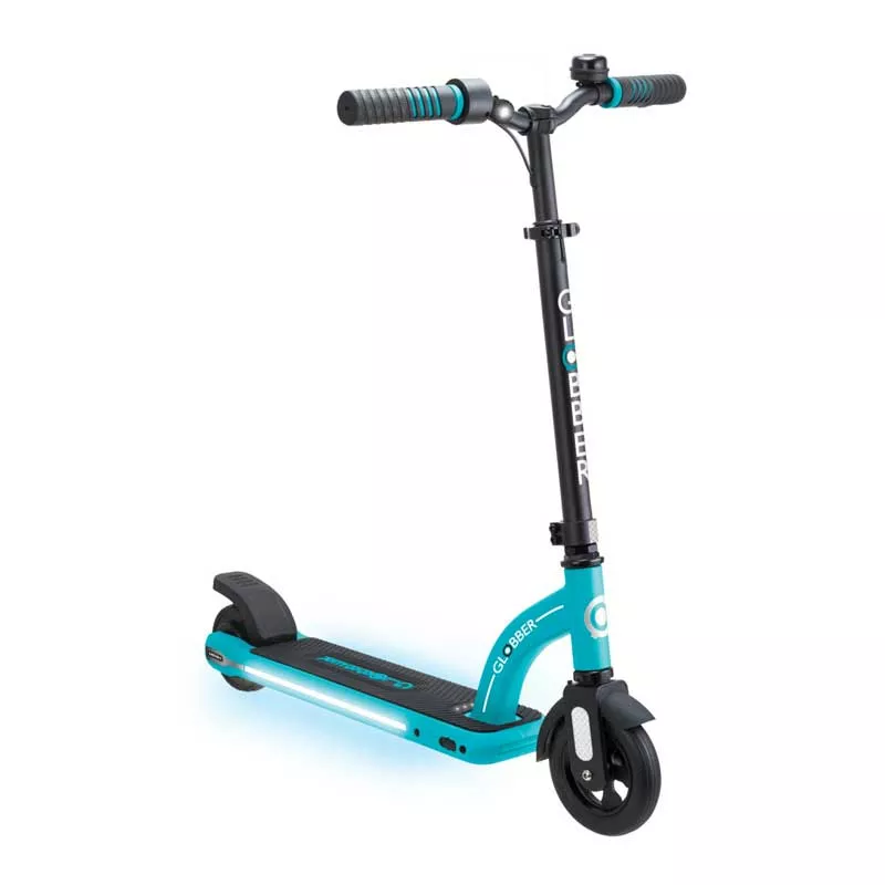 Electric scooter with glowing platform GLOBBER E-MOTION 11 for children over 8 years old - blue-green