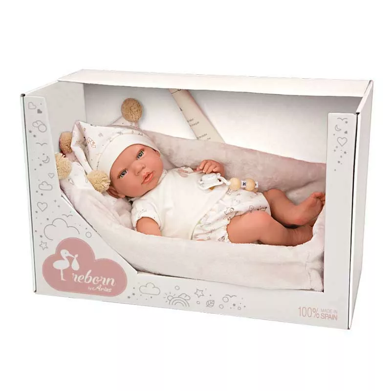 Doll-baby Adai with carrying basket in beige - 40 cm