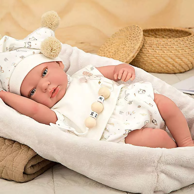 Doll-baby Adai with carrying basket in beige - 40 cm