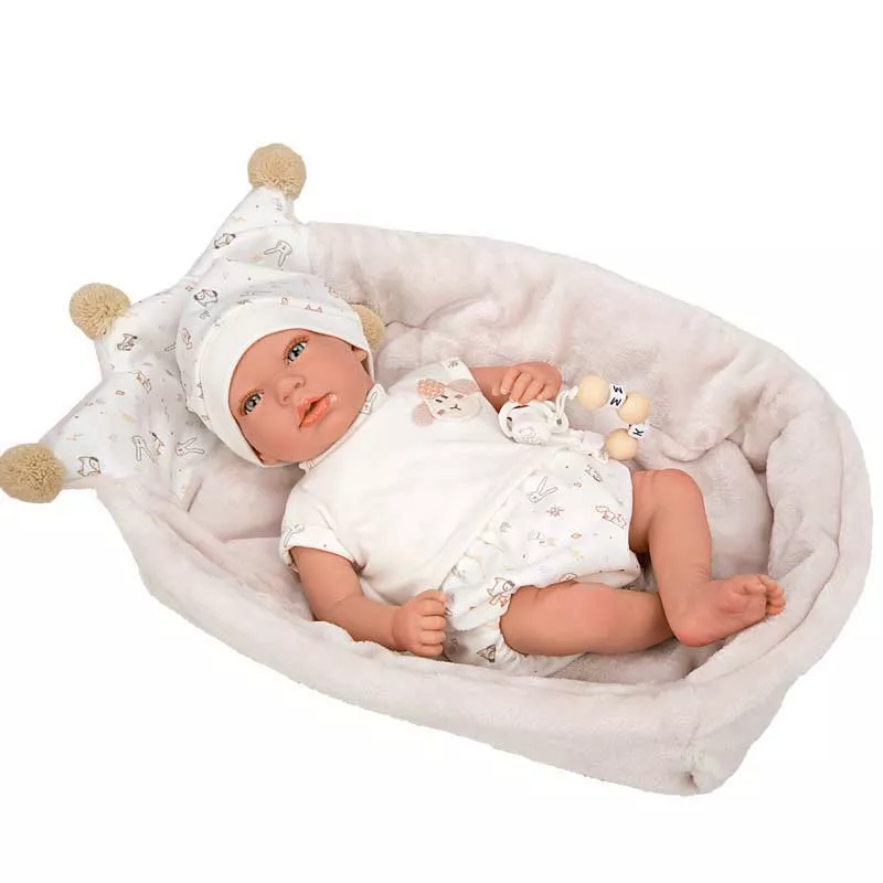 Doll-baby Adai with carrying basket in beige - 40 cm