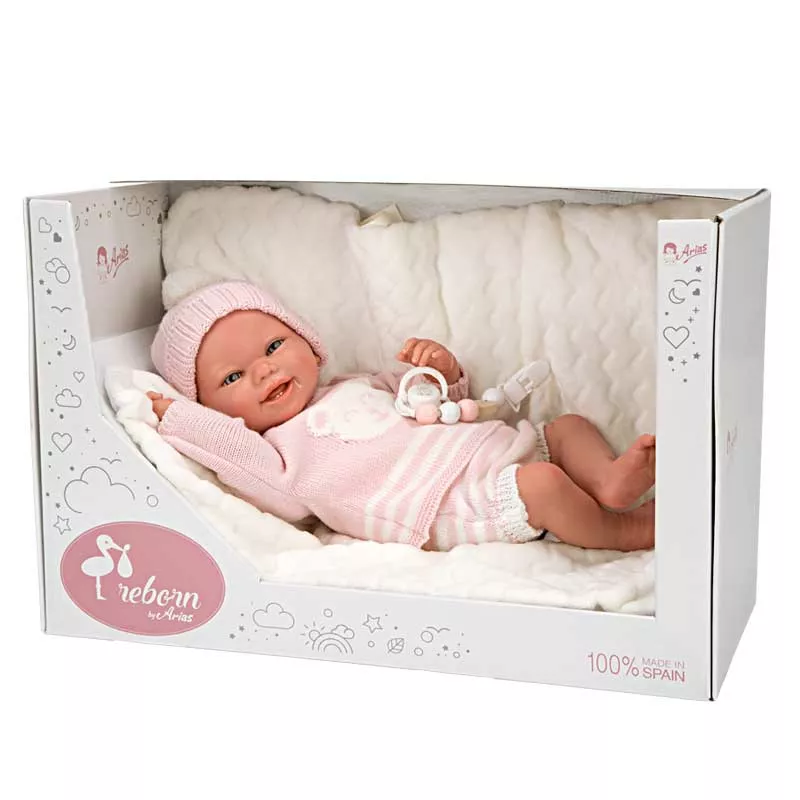 Doll baby Adriana with pink knitted costume and accessories - 40 cm
