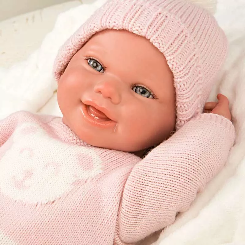 Doll baby Adriana with pink knitted costume and accessories - 40 cm