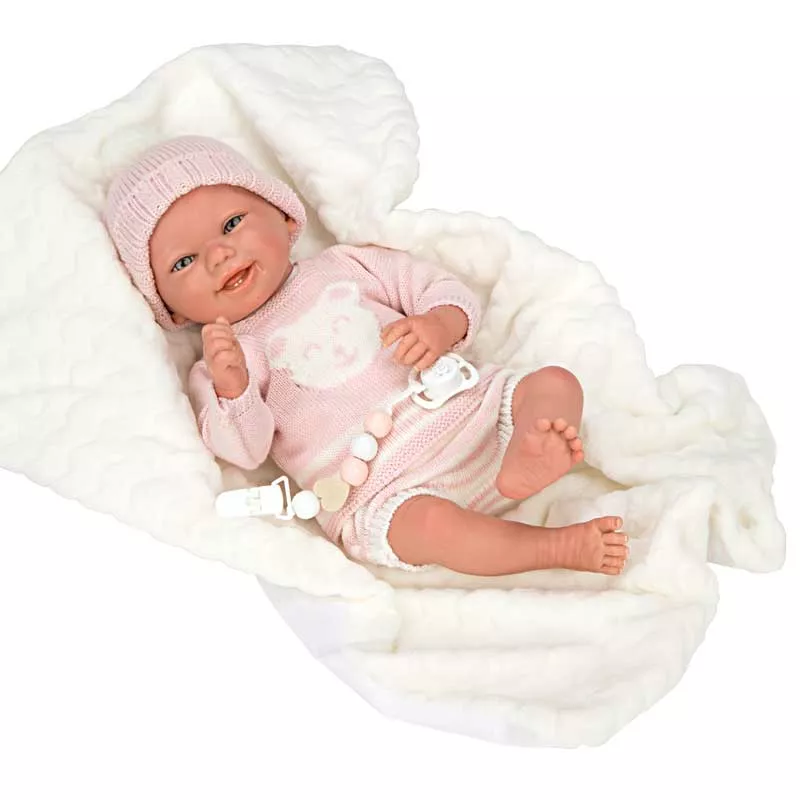 Doll baby Adriana with pink knitted costume and accessories - 40 cm