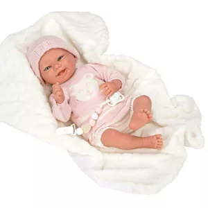 Doll baby Adriana with pink knitted costume and accessories - 40 cm