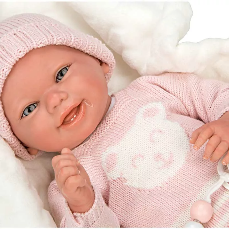 Doll baby Adriana with pink knitted costume and accessories - 40 cm