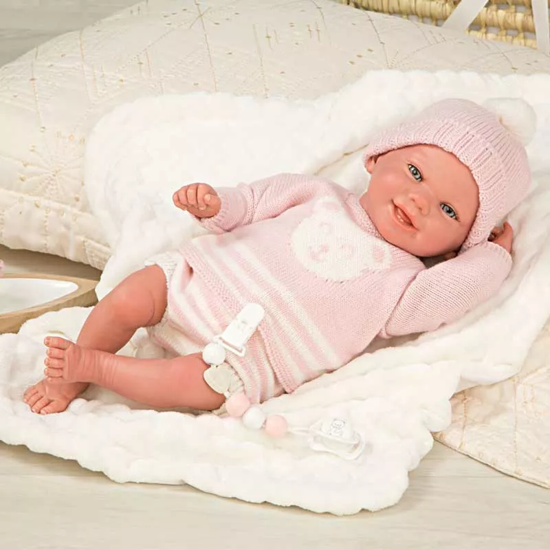 Doll baby Adriana with pink knitted costume and accessories - 40 cm