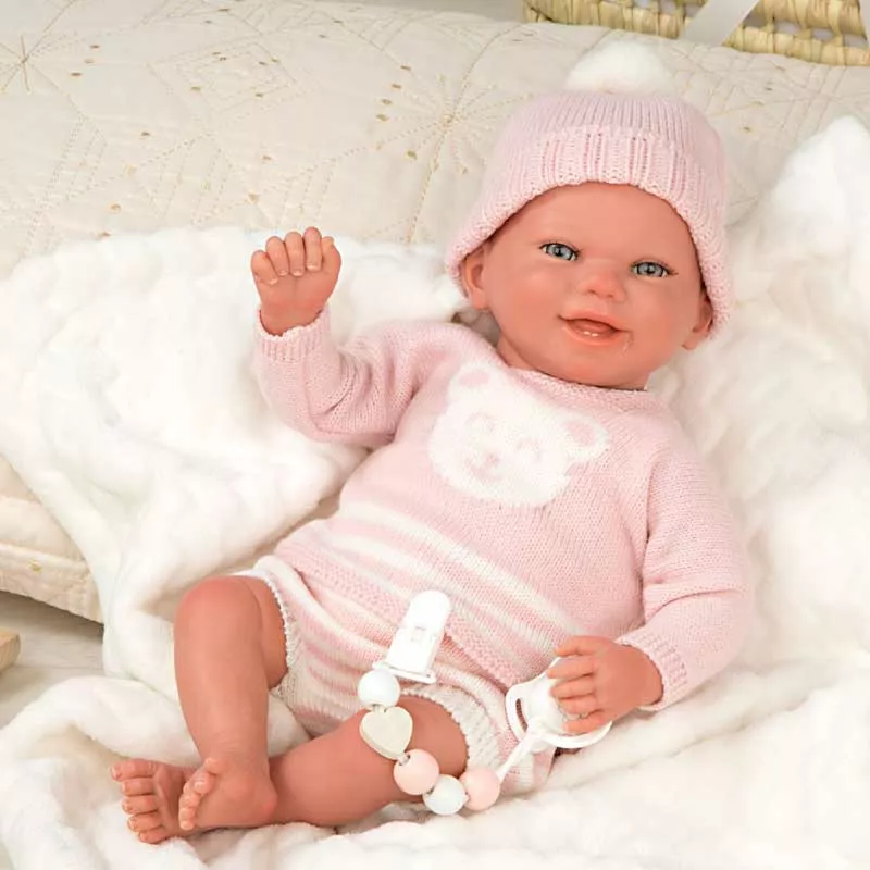 Doll baby Adriana with pink knitted costume and accessories - 40 cm