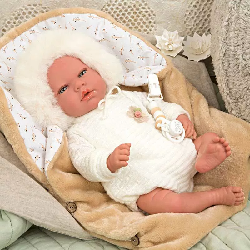 Doll baby Alexandra with a sleeping bag in beige - 40 cm