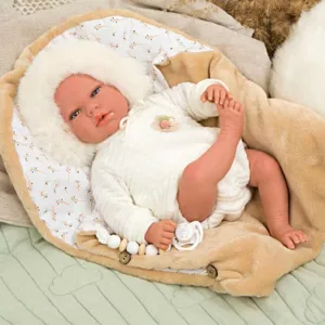 Doll baby Alexandra with a sleeping bag in beige - 40 cm