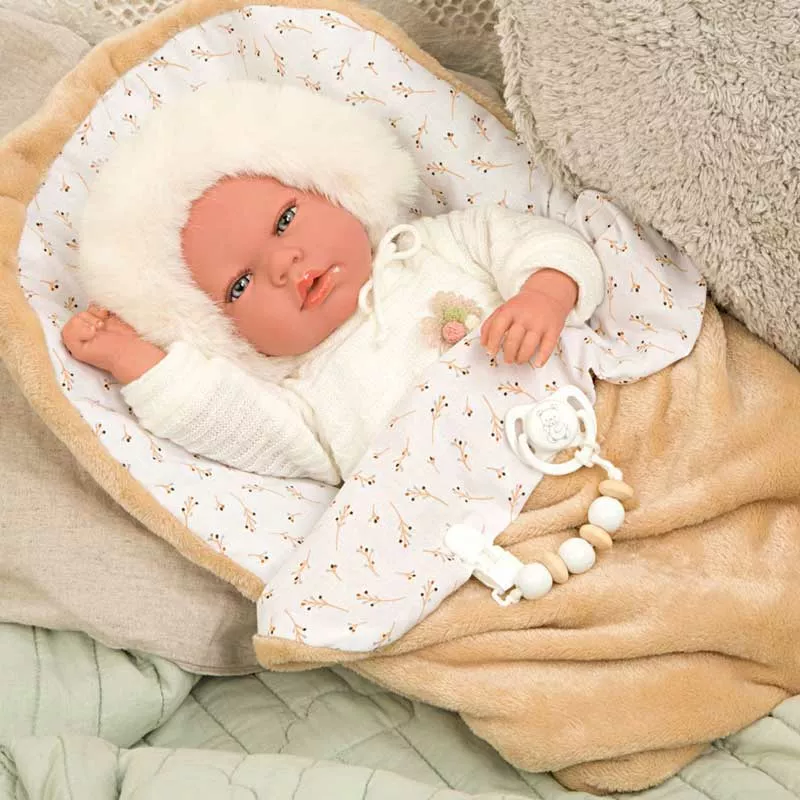Doll baby Alexandra with a sleeping bag in beige - 40 cm