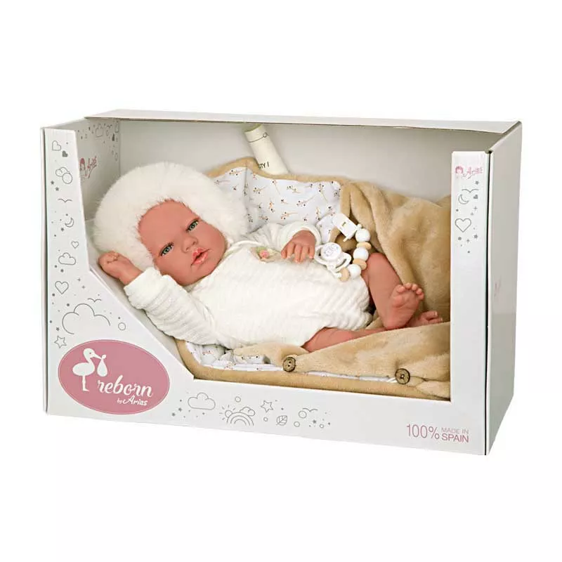 Doll baby Alexandra with a sleeping bag in beige - 40 cm