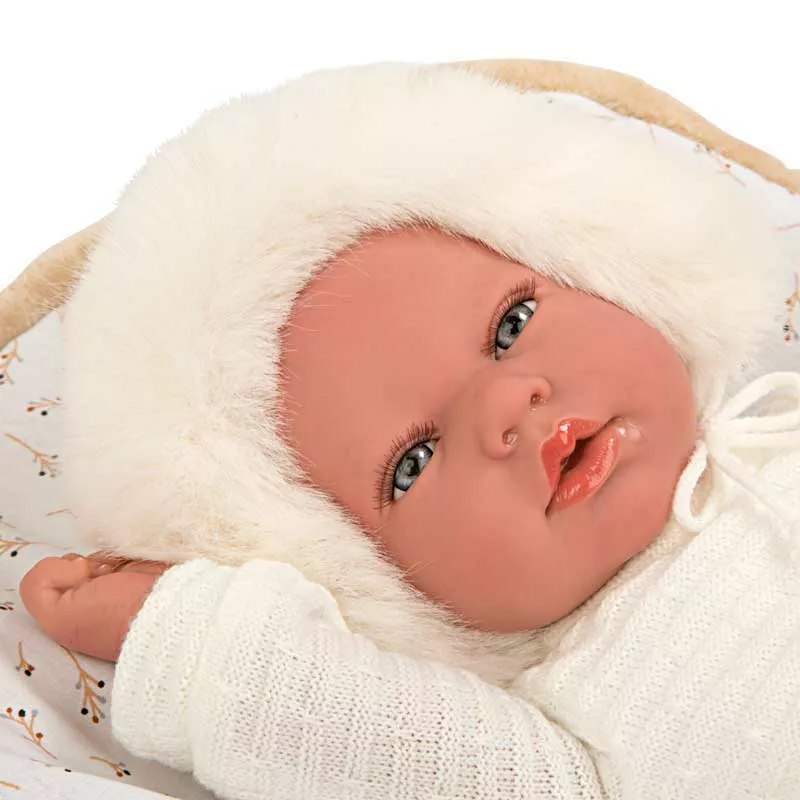 Doll baby Alexandra with a sleeping bag in beige - 40 cm