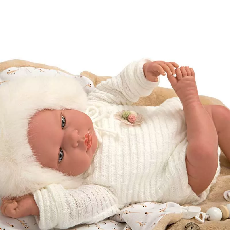 Doll baby Alexandra with a sleeping bag in beige - 40 cm