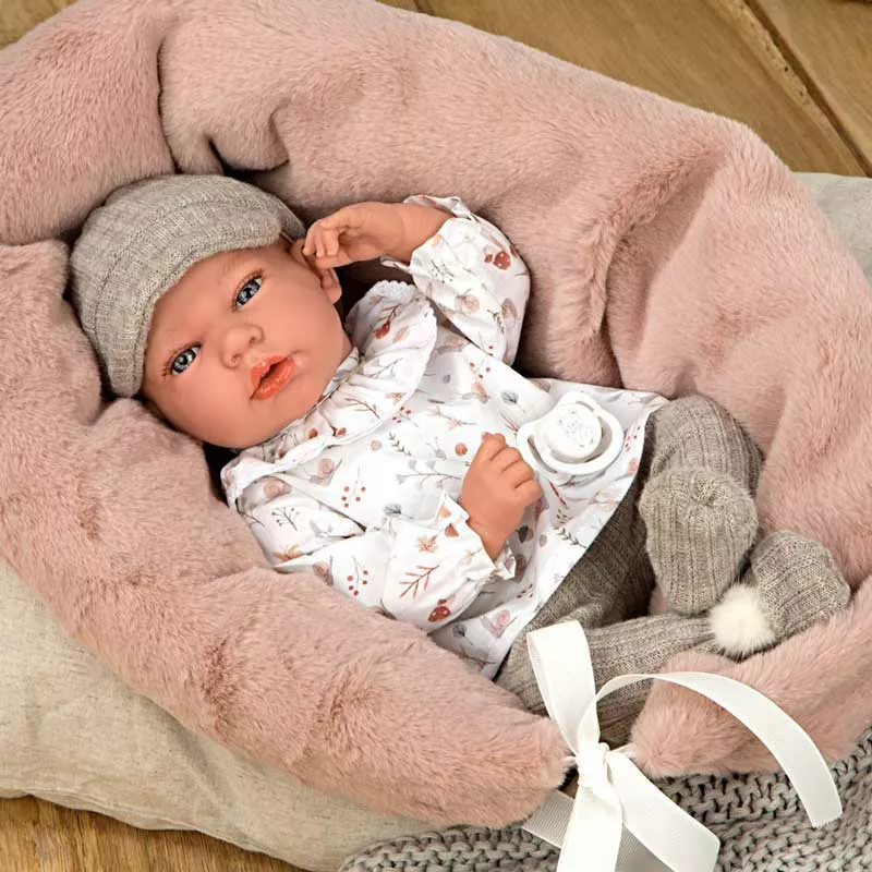Doll-baby Andy in a beige set with accessories - 40 cm, real weight