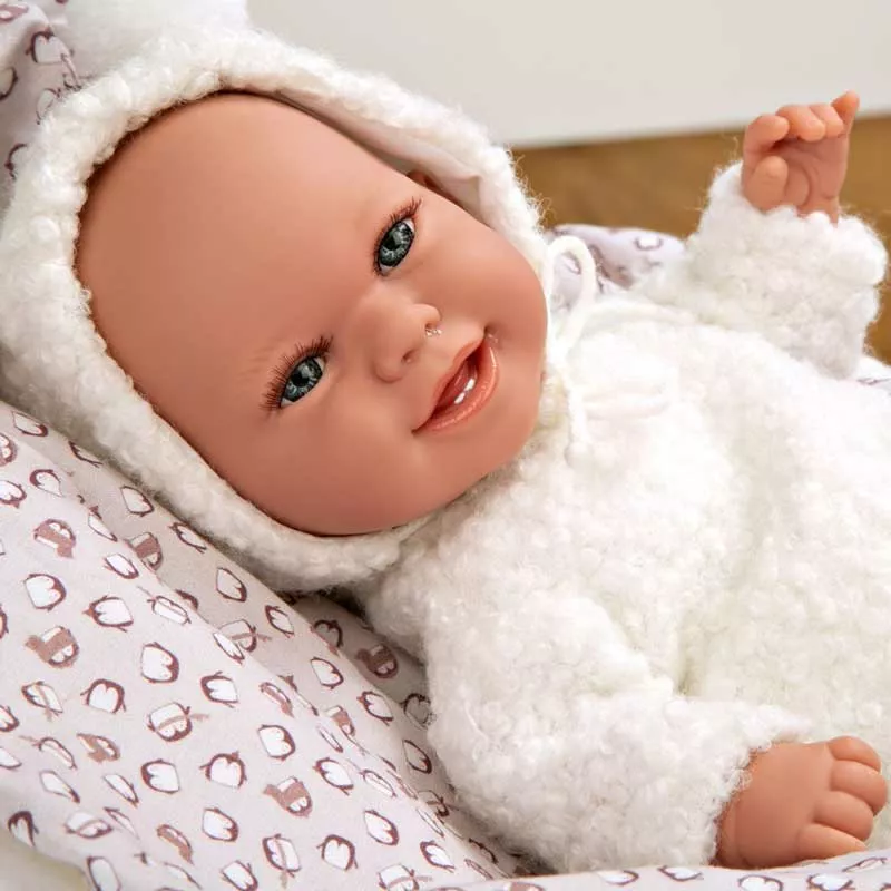 Doll-baby Beatrice with a white fluffy dress and blanket, realistic weight - 35 cm