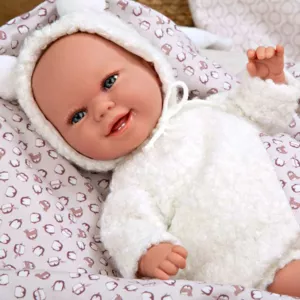 Doll-baby Beatrice with a white fluffy dress and blanket, realistic weight - 35 cm