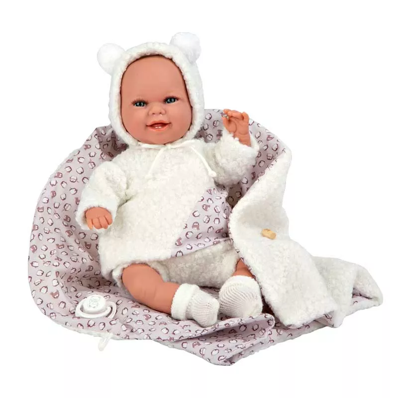 Doll-baby Beatrice with a white fluffy dress and blanket, realistic weight - 35 cm