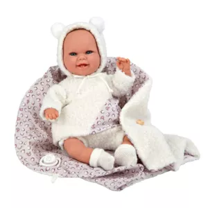 Doll-baby Beatrice with a white fluffy dress and blanket, realistic weight - 35 cm