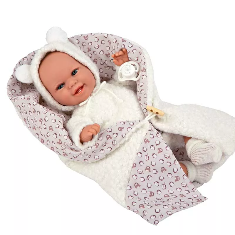 Doll-baby Beatrice with a white fluffy dress and blanket, realistic weight - 35 cm