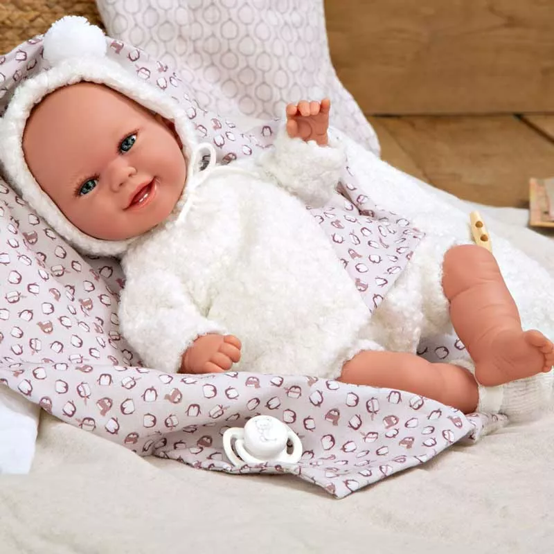 Doll-baby Beatrice with a white fluffy dress and blanket, realistic weight - 35 cm