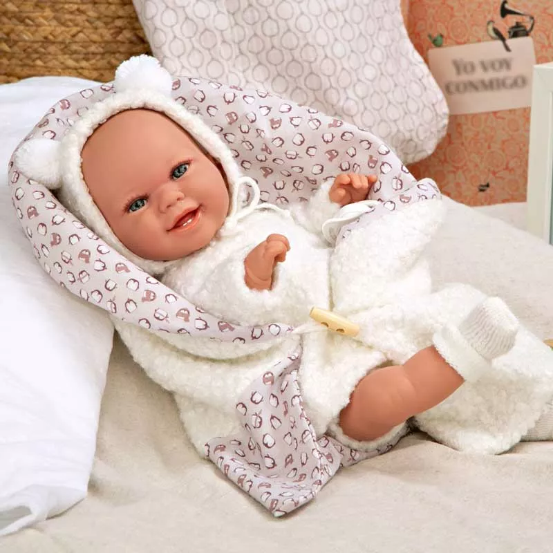 Doll-baby Beatrice with a white fluffy dress and blanket, realistic weight - 35 cm