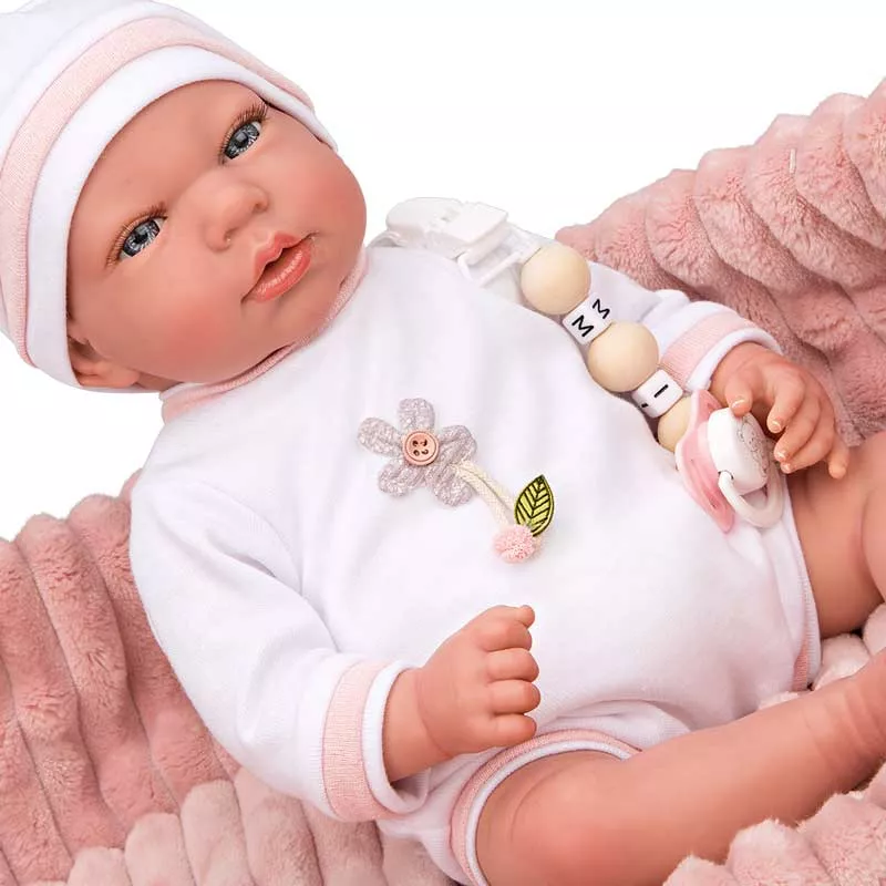 Doll-baby Lola in a pink plush basket, actual weight - 40 cm