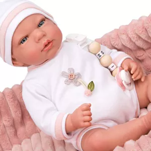 Doll-baby Lola in a pink plush basket, actual weight - 40 cm