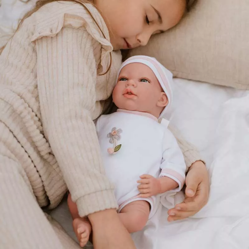 Doll-baby Lola in a pink plush basket, actual weight - 40 cm