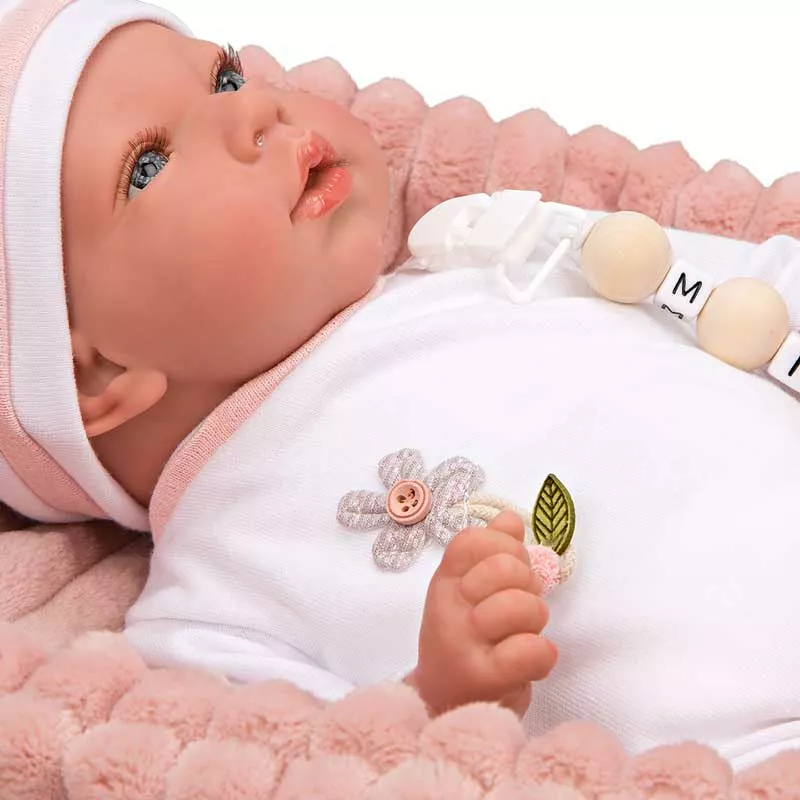 Doll-baby Lola in a pink plush basket, actual weight - 40 cm