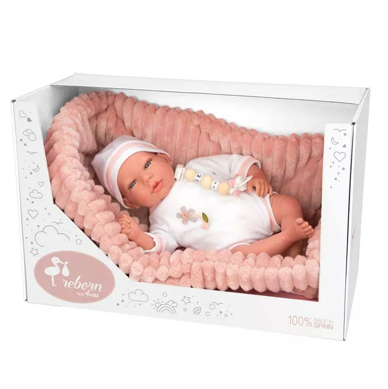 Doll-baby Lola in a pink plush basket, actual weight - 40 cm