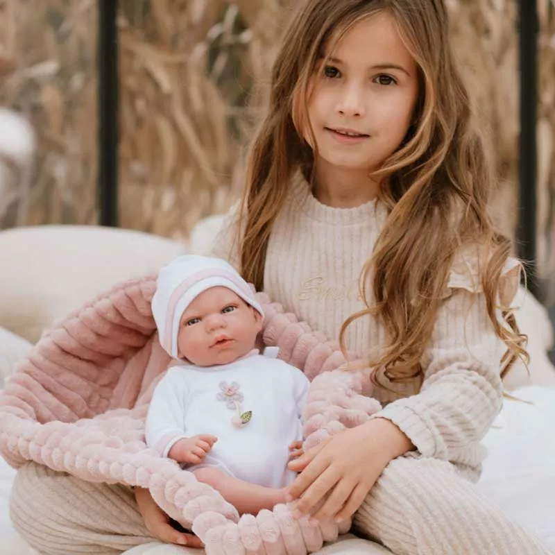 Doll-baby Lola in a pink plush basket, actual weight - 40 cm