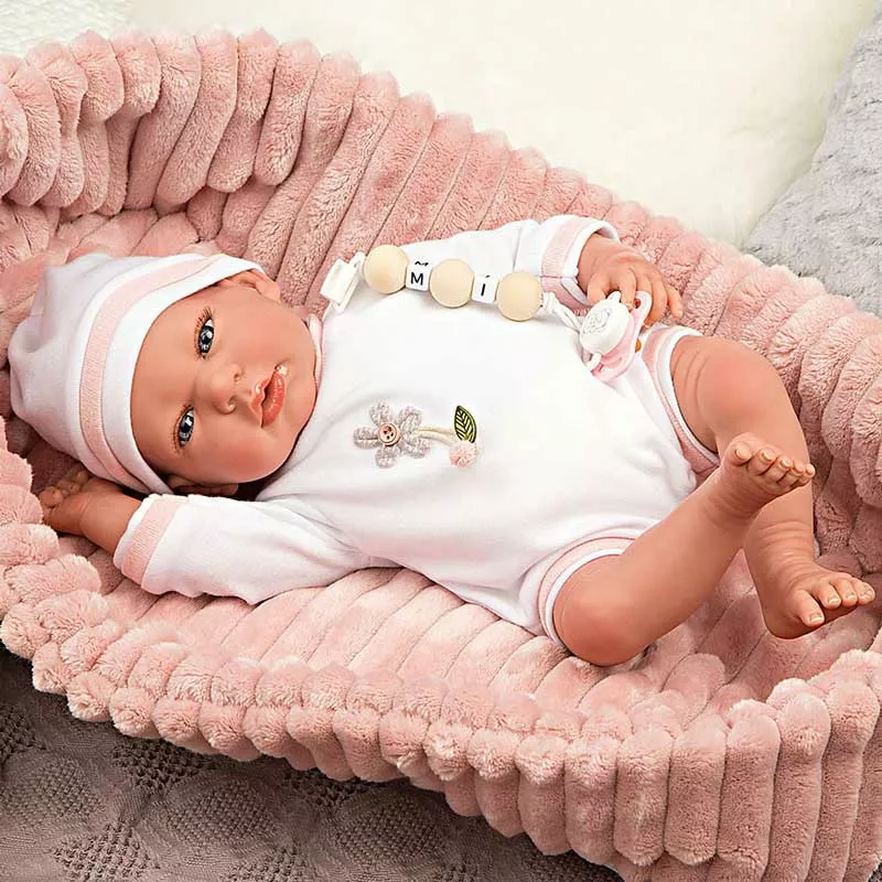 Doll-baby Lola in a pink plush basket, actual weight - 40 cm