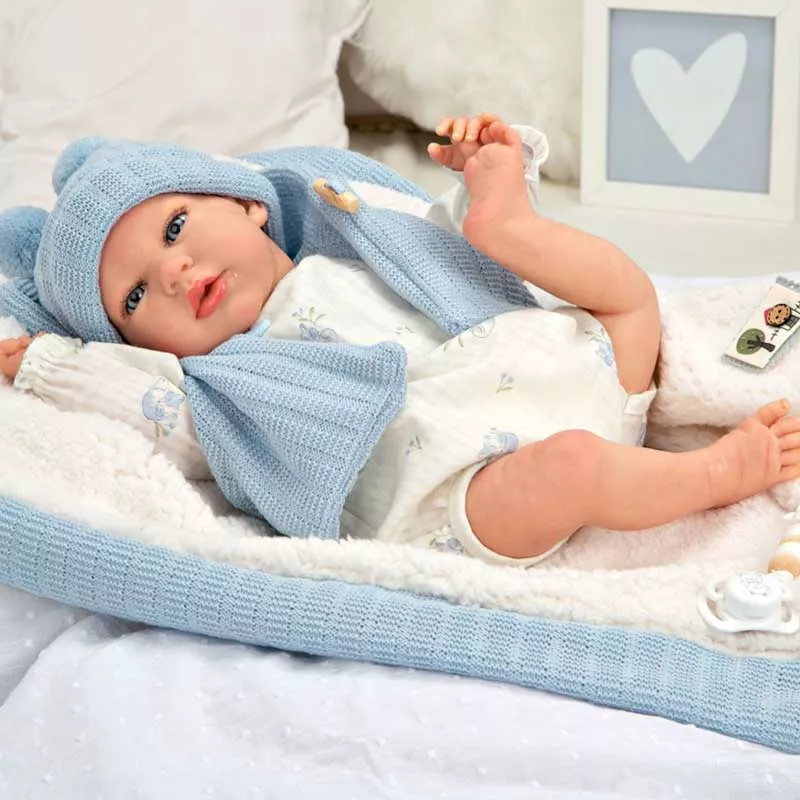 Doll-baby Martin with a fluffy blue blanket - 40 cm