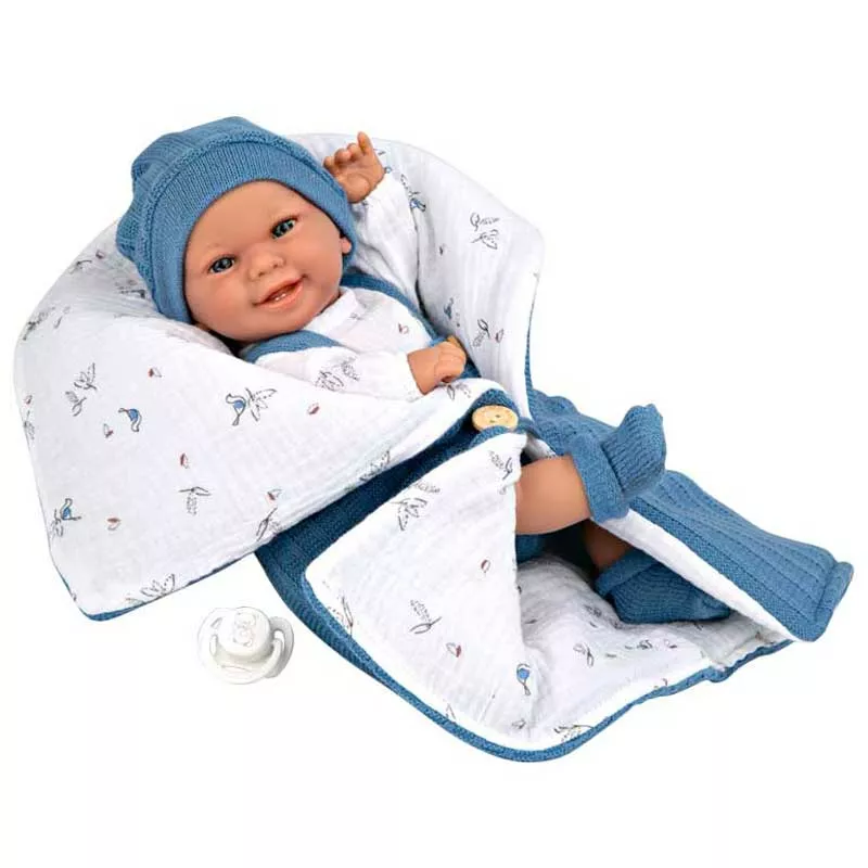 Doll baby in navy blue jumpsuit and sleeping bag - 33 cm