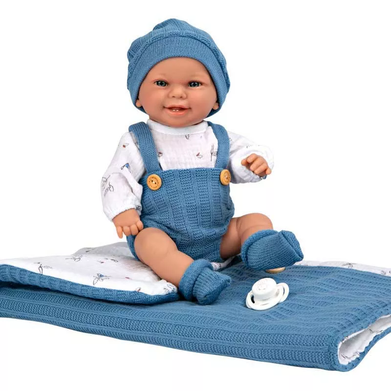 Doll baby in navy blue jumpsuit and sleeping bag - 33 cm
