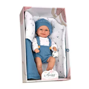 Doll baby in navy blue jumpsuit and sleeping bag - 33 cm