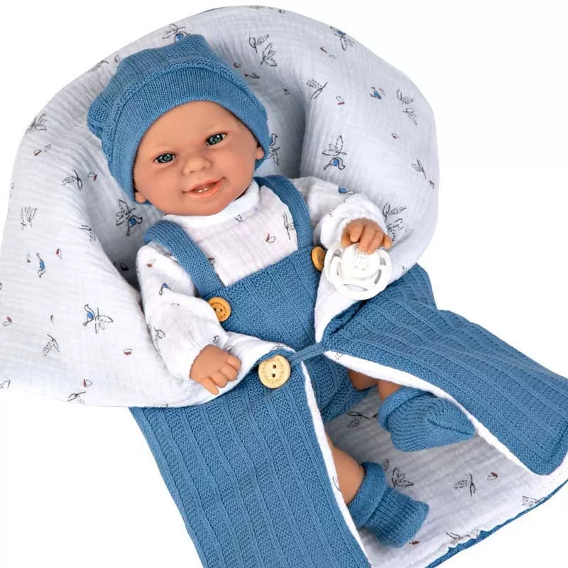 Doll baby in navy blue jumpsuit and sleeping bag - 33 cm