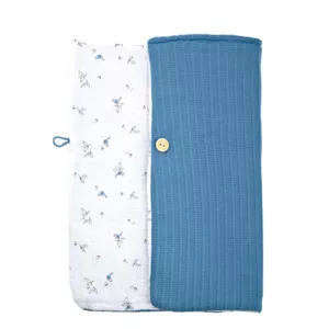 Doll baby in navy blue jumpsuit and sleeping bag - 33 cm