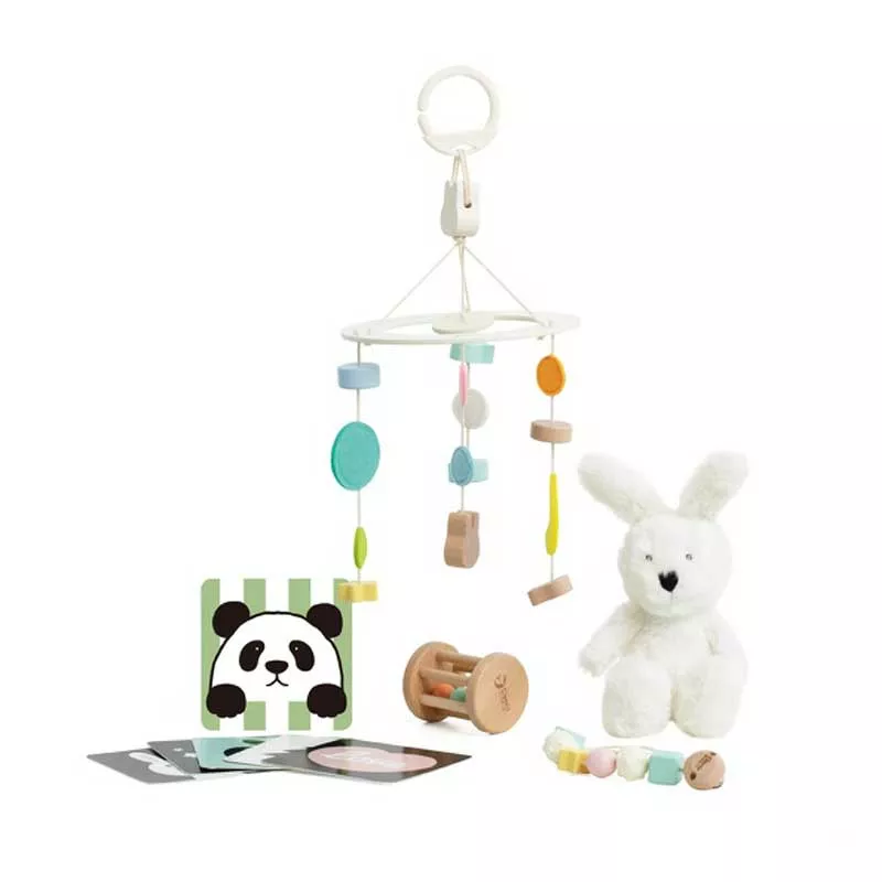 Box of wooden toys for babies 0-6 months