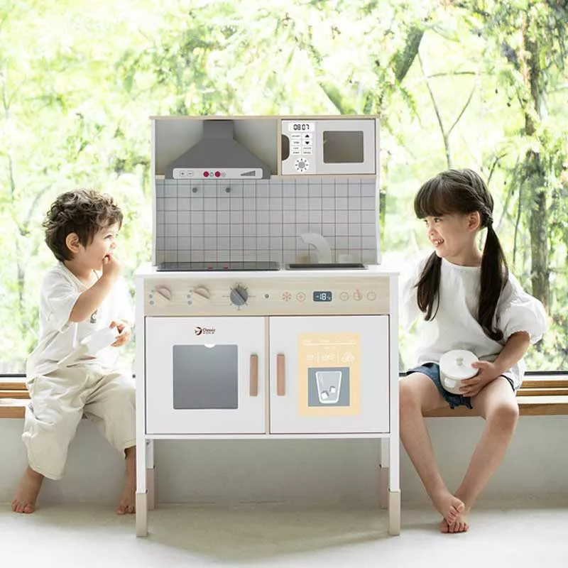 Modern wooden play kitchen in white color by Classic World.