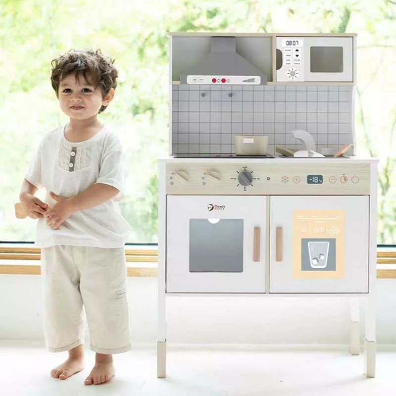 Modern wooden play kitchen in white color by Classic World.