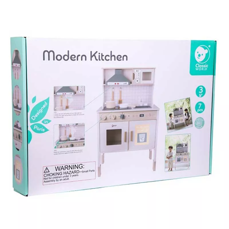 Modern wooden play kitchen in white color by Classic World.