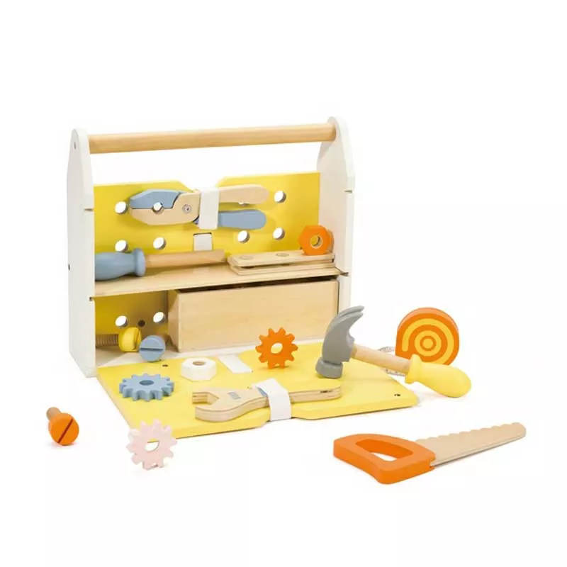 Modern wooden toolbox with tools for kids by Classic World.