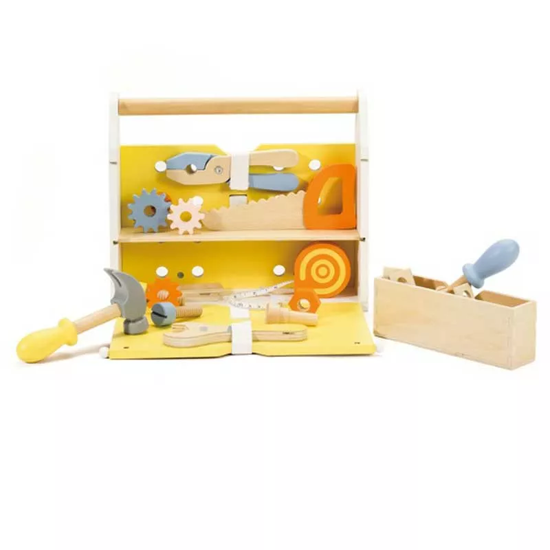 Modern wooden toolbox with tools for kids by Classic World.