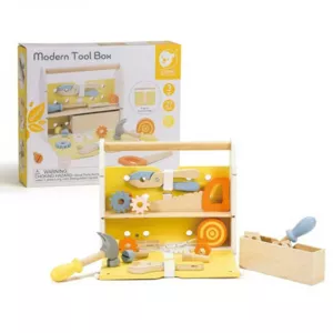 Modern wooden toolbox with tools for kids by Classic World.