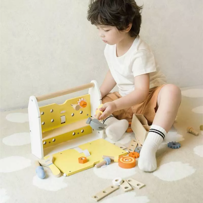 Modern wooden toolbox with tools for kids by Classic World.