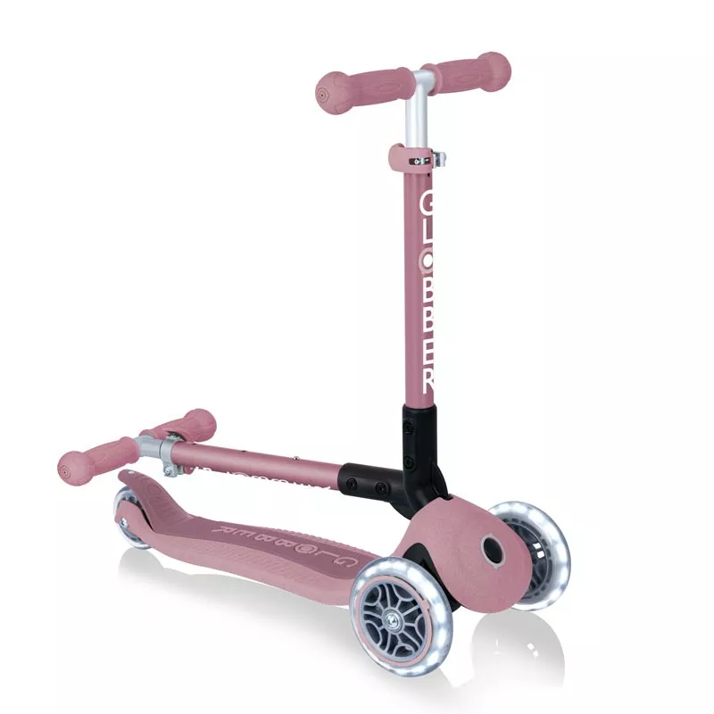 Folding eco scooter with 3 wheels GLOBBER JUNIOR FOLDABLE LIGHTS ECOLOGIC - berry color